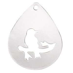 Focal, silver-finished steel, 32x25mm two-sided domed teardrop with cutout bird on a branch. Sold per pkg of 2.