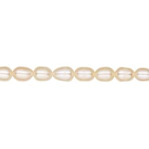 Pearl, cultured freshwater, peach, 3-4mm rice, C grade, Mohs hardness 2-1/2 to 4. Sold per 14-inch strand.
