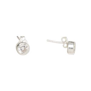 Earstud, Create Compliments&reg;, cubic zirconia and sterling silver, clear, 6.5mm round. Sold per pair.