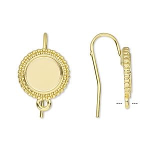 Ear wire fishhook 1pkg10 Almost Instant Jewelry&reg;, 21mm / 10mm beaded round glue-in cab setting / closed loop, 18 gauge gold-finished brass 5 pair