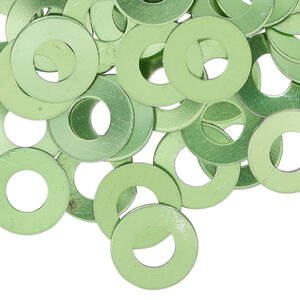 Washer, anodized aluminum, green, 13mm double-sided flat round blank with 6mm hole, 20 gauge. Sold per pkg of 100.