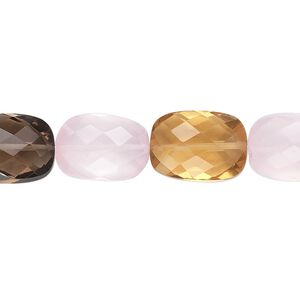 Multi-quartz / green onyx 1pkg10, hand-cut checker faceted puffed rectangle bead 14x10mm