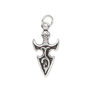 Charm, antiqued sterling silver, 19x11mm double-sided arrowhead with tribal design and 5mm soldered jump ring. Sold individually.