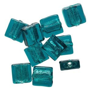 Bead, lampworked glass, opaque teal with silver-colored foil, 12mm flat square. Sold per pkg of 10.