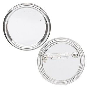 Pin back 1pkg2 silver-plated, 35mm round / 28mm round setting, steel