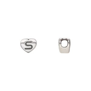 Bead 1pkg1 sterling silver, 7.5x7mm heart / letter S, antiqued Dione&reg;