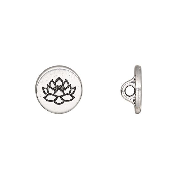 Button, TierraCast&reg;, antique silver-plated pewter (tin-based alloy), 12mm flat round with lotus and loop. Sold per pkg of 20. image number 0