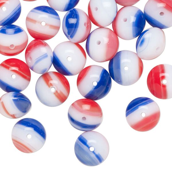 Bead, Czech pressed glass 1pkg50, opaque red / white / blue, 9x6mm rondelle with stripes. image number 0