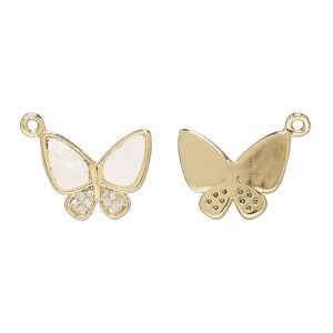 Charm, brass / mother-of-pearl shell (bleached) / glass rhinestone, 15x12mm butterfly 1pkg2, gold finish / white / clear