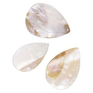 Focal mix, mother-of-pearl shell (natural) 1pkg3, 50x32mm-62x42mm teardrop with carved dolphin design.
