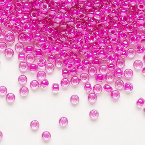 Seed bead, Miyuki, glass, pkg/250g, #8 rocaille, translucent fuchsia-lined luster crystal clear (RR-209).