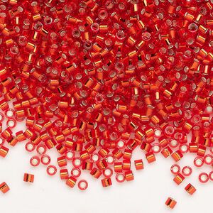 Seed bead, Delica&reg;, glass, pkg/50g, #10 round, transparent silver-lined flame red (DBM-0043).