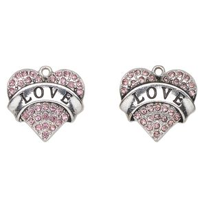 Charm, antique silver-finished enamel "pewter" (zinc-based alloy) and glass, pink and black, 24x23mm heart with "Love". Sold per pkg of 2.