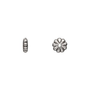 Bead 1pkg100 silver-plated "pewter", 7x2mm flower rondelle / 2sided, antique