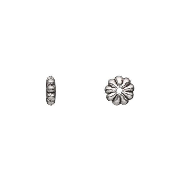 Bead 1pkg100 silver-plated "pewter", 7x2mm flower rondelle / 2sided, antique image number 0