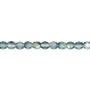 Bead, Czech fire-polished glass, green and teal luster, 4mm faceted round. Sold per 15-1/2" to 16" strand.