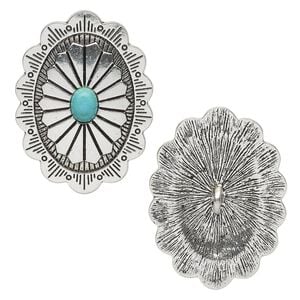 Button, "turquoise" (resin) (imitation) and antique silver-finished "pewter" (zinc-based alloy), turquoise blue, 44x32mm single-sided concho. Sold individually.