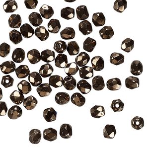 Czech fire-polished glass 1pkg100, faceted round bead opaque bronze jet 4mm
