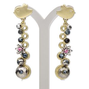 Earring, glass / steel / gold-finished brass / "pewter" (zinc-based alloy), multicolored, 2-1/2 inches with matte bird and dangle with post. Sold per pair.