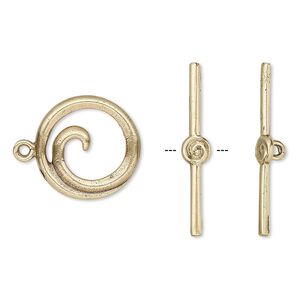 Clasp toggle 1pkg1, 15.5mm round swirl, antiqued brass 1-strand