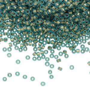 Seed bead, TOHO BEADS&reg;, glass, pkg/50g, #11 round, translucent gold-lined frosted aqua (TR-11-995F).