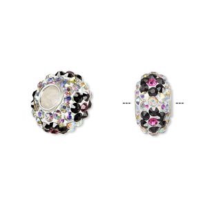 Bead 1pkg1 sterling silver, 13x8mm-14x8mm rondelle / flower, epoxy / glass rhinestone / multicolored Dione&reg;