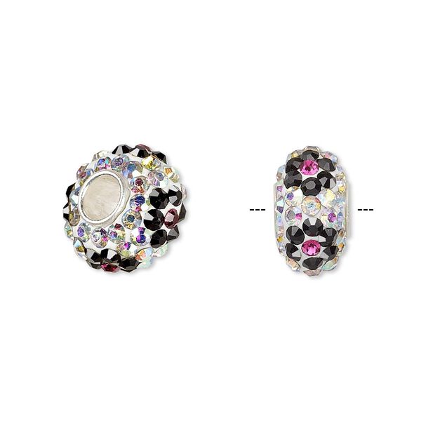 Bead 1pkg1 sterling silver, 13x8mm-14x8mm rondelle / flower, epoxy / glass rhinestone / multicolored Dione&reg; image number 0