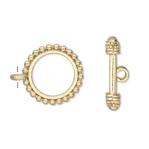 Clasp toggle 1pkg8 "pewter" (zinc alloy), 18mm double-sided beaded round, gold-finished 1-strand