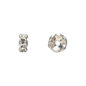 Bead 1pkg10 silver-plated, 8x4mm rondelle, brass / clear rhinestone