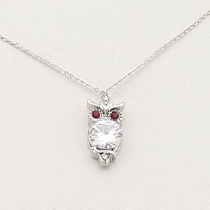 Necklace, Czech glass / Czech glass rhinestone / imitation rhodium-plated steel / brass / "pewter" (zinc-based alloy), clear and dark garnet red, 20x12mm owl, 17 inches with 2-inch extender chain and lobster claw clasp. Sold individually.