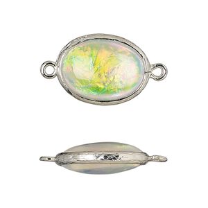 Link, Opalized Ice&trade;, "opal" (resin) and imitation rhodium-finished brass, opaque white, 20x15mm double-sided oval. Sold per pkg of 4.
