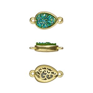 Link, Druzylite&trade;, "druzy" (resin) and gold-finished brass, green, 11.5x8.5mm two-sided teardrop with open filigree back. Sold per pkg of 4.