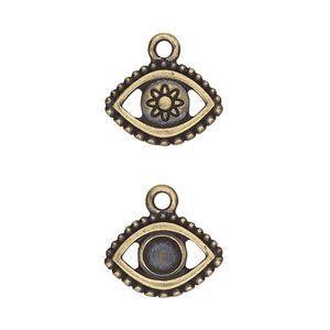Charm, TierraCast&reg;, "Happy Go Lucky" collection, antique brass-plated pewter (tin-based alloy), 16x11mm two-sided evil eye with SS20 flat back glue-in setting. Sold per pkg of 2.