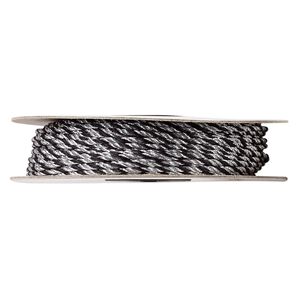 Cord, nylon, black and metallic silver, 2mm round. Sold per 100-foot spool.