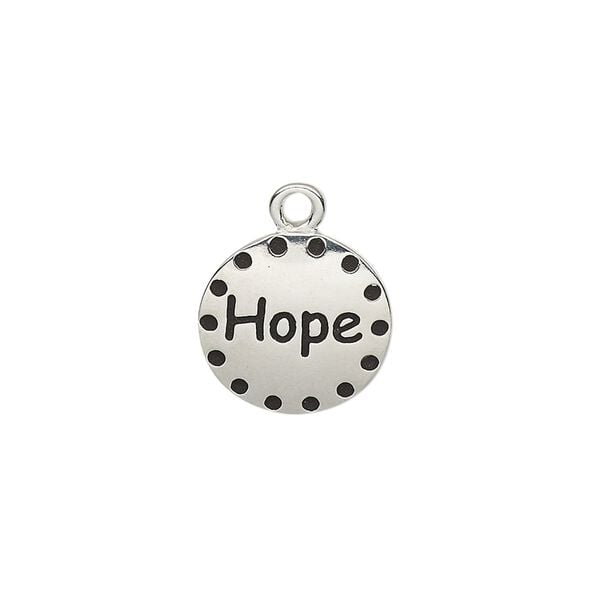 Drop, enamel and imitation rhodium-plated "pewter" (zinc-based alloy), black, 14.5mm single-sided round with "Hope." Sold individually. image number 0