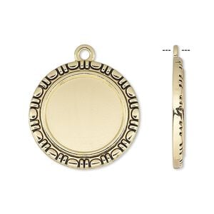Drop, antique gold-finished "pewter" (zinc-based alloy), 23mm round with rope edge and 16mm round setting. Sold per pkg of 6.