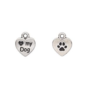 Charm, TierraCast&reg;, antique silver-plated pewter (tin-based alloy), 10mm two-sided heart with "Love my Dog" and paw print. Sold per pkg of 20.