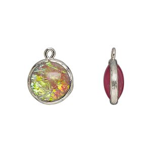 Drop, Opalized Ice&trade;, "opal" (resin) and imitation rhodium-finished brass, opaque light purple, 14mm double-sided round .Sold per pkg of 4.