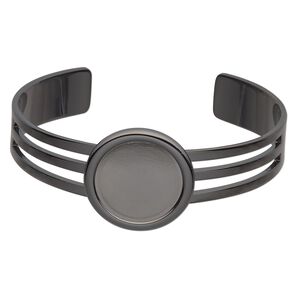 Bracelet, Almost Instant Jewelry&reg;, cuff, gunmetal-plated brass and "pewter" (zinc-based alloy), 64x25mm with 20mm round setting, adjustable. Sold individually.