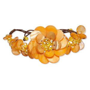 Bracelet, freshwater pearl shell (dyed) / felt / glass / waxed cotton cord, orange / brown / white, 45mm flower, adjustable from 6-1/2 to 9-1/2 inches with macram&eacute; knot closure. Sold individually.