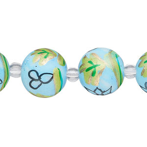 Bead, glass 1pkg8, multicolored, 14mm round with hand-painted flower and leaf.