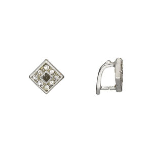 Bail, ice-pick, Egyptian glass rhinestone and imitation rhodium-plated brass, clear, 10x8mm diamond, 5.5mm grip length. Sold per pkg of 6.