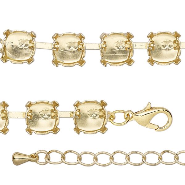 Necklace component, gold-finished brass and steel, 8mm wide cupchain with (43) SS39 settings, 20 inches with 3-inch extender chain and lobster claw clasp. Sold individually. image number 0