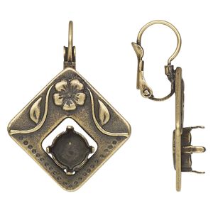 Ear wire leverback 1pkg2 JBB findings pewter (tin-based alloy) antique brass-plated, 35mm / SS39 rivoli or chaton 4-prong setting, 1 pair