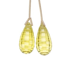 Lemon quartz 1pkg2, hand-cut top-drilled checkerboard faceted briolette bead 20x10mm