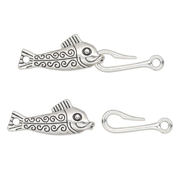 Clasp hook 1pkg1 "pewter" (zinc alloy), 54x14mm fish / hook, antique silver-finished 1-strand image number 0