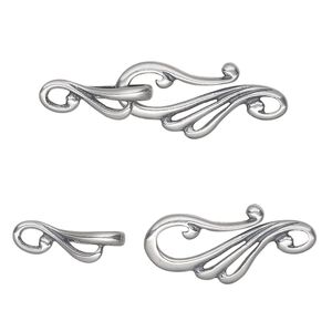 Clasp hook&eye 1pkg1 sterling silver, 37.5x13mm swirl, antiqued 1-strand