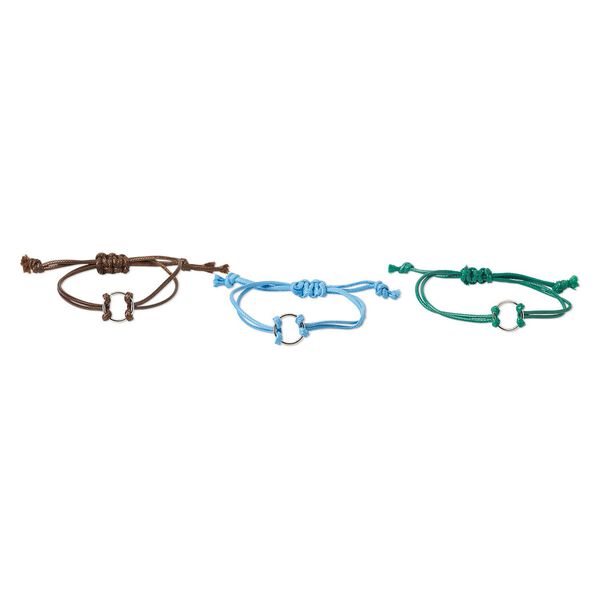Bracelet, waxed cotton cord and silver-finished steel, brown / green / blue, 18mm wide with 18mm ring, adjustable from 6-10 inches with macram&eacute; knot closure. Sold per pkg of 3. image number 0