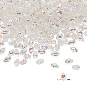 Bead, Preciosa Mini Twin&trade;, Mini Pressed Twin, Czech pressed glass, transparent clear AB, 4x2.5mm oval with (2) 0.7mm holes. Sold per 50-gram pkg.