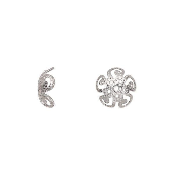 Bead cap, stainless steel, 10x4mm flower with open filigree design. Sold per pkg of 50. image number 0